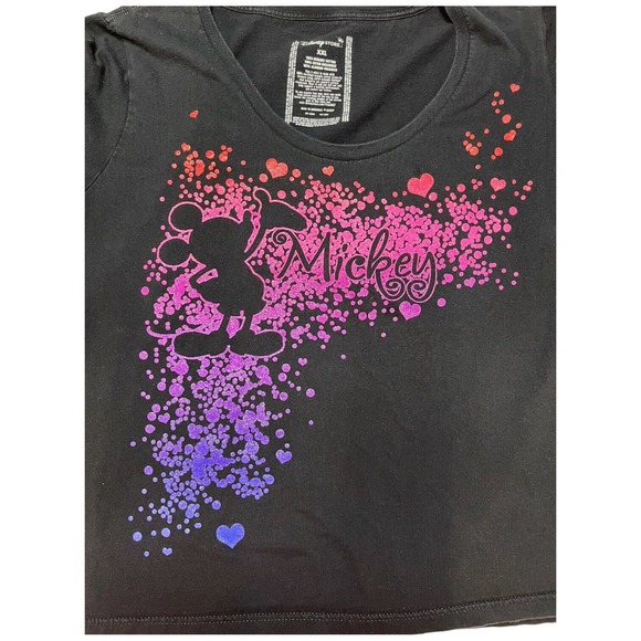 Disney Mickey Mouse Glitter Rainbow Hearts Organic Cotton Tee Shirt Black XXL - Picture 8 of 8